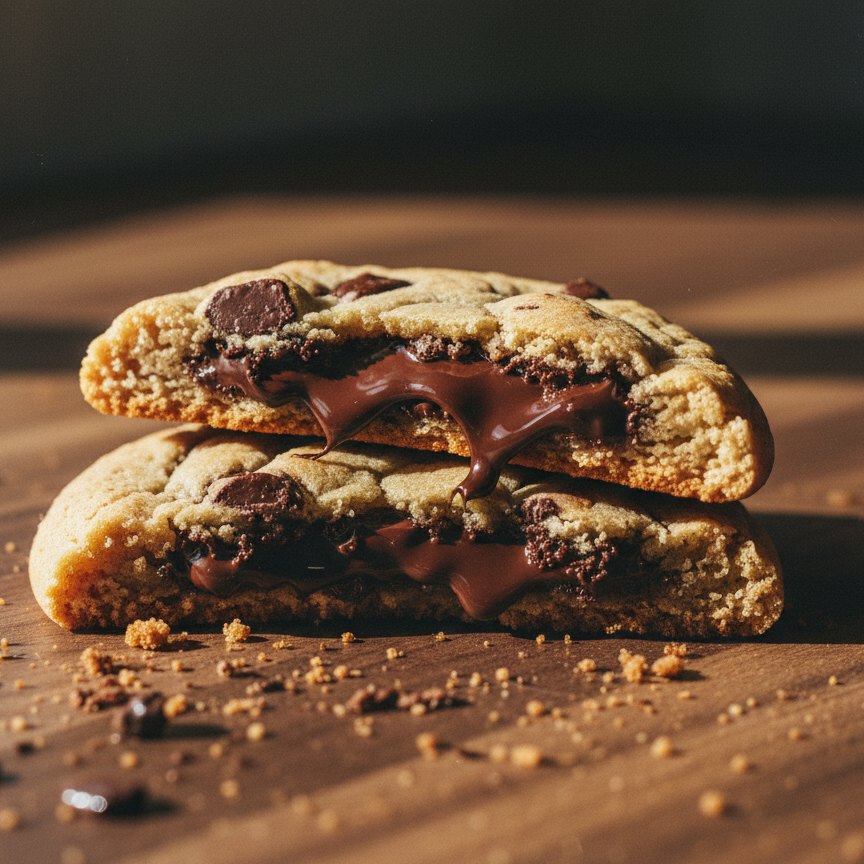 A soft baked cookie broken in half
